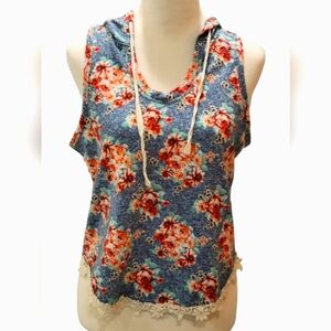 Inspired Hearts Floral Sleeveless Hoodie Sweatshirt Tank Crochet Trim Medium Jr